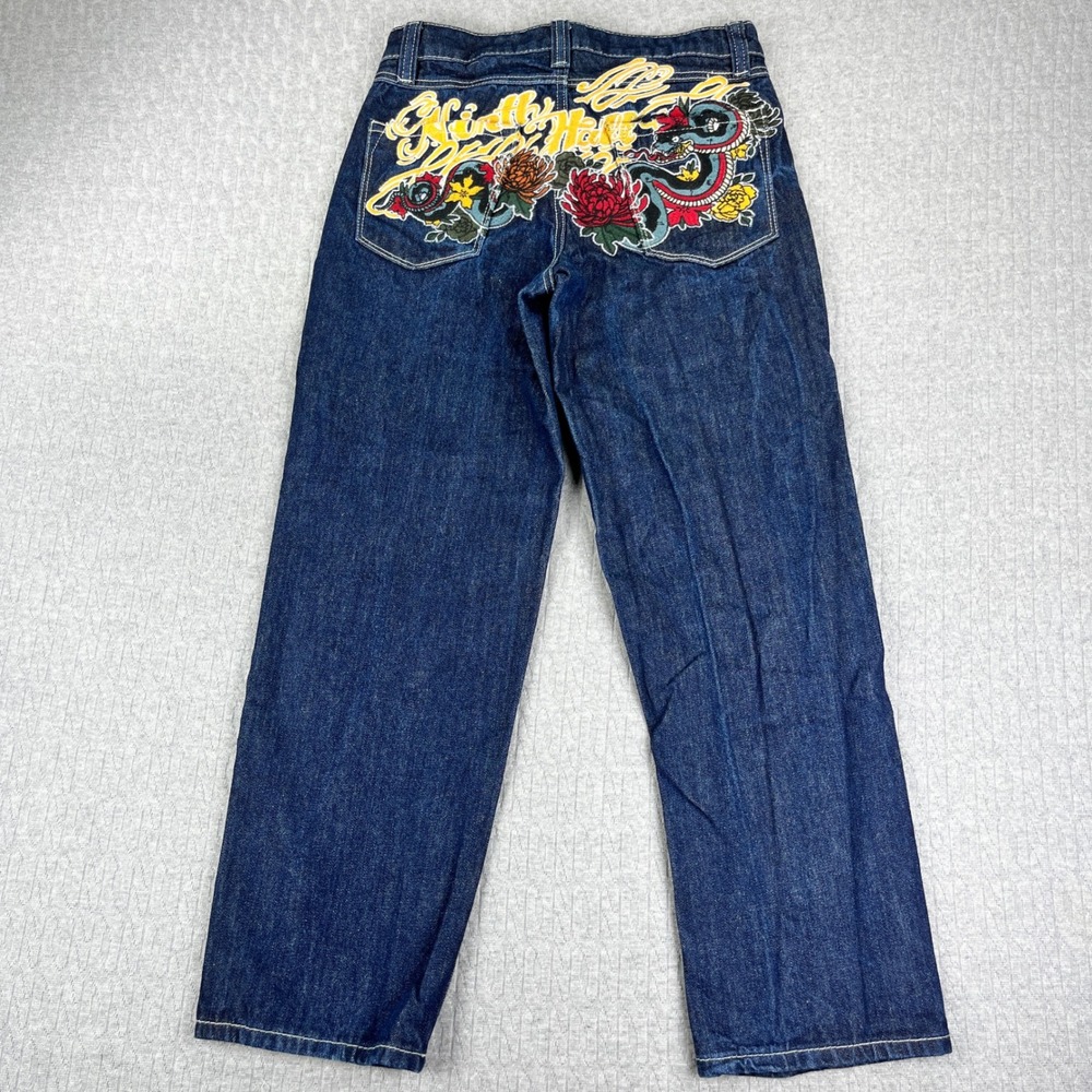 Ninth Hall Jeans Women 26/27x26 Blue Embroidered Dragon Floral Wide Leg Y2K 90